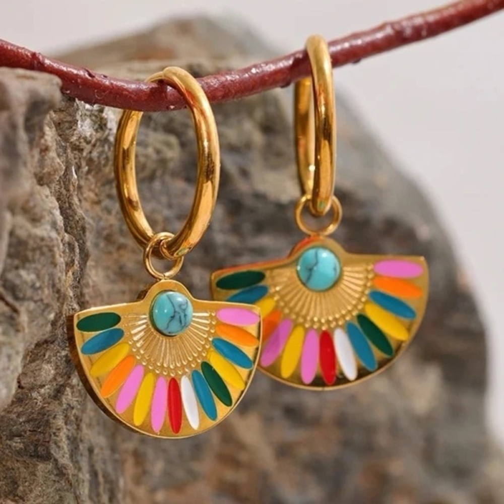 18k Gold Plated Enamel Rainbow Drop Hoop Earrings - Picture 6 of 7